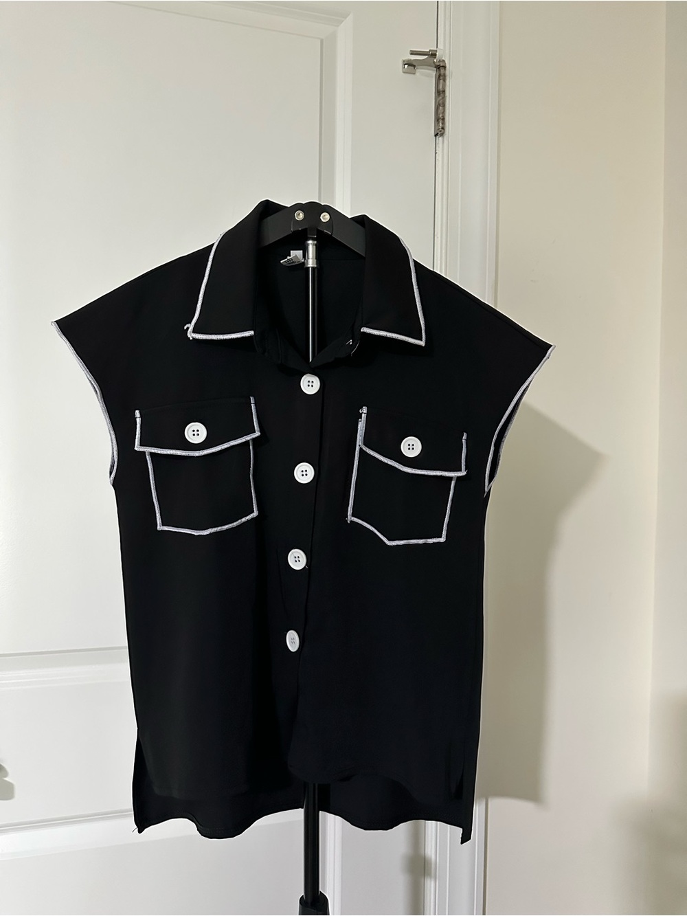 Black Button-Front Top with White Piping